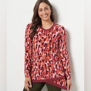 LOGO XL by Lori Goldstein Printed Top W/ Crossover Hem Shirt Dark Raspberry New